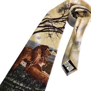 Endangered Species Vintage Imported Silk Neck Tie Lion African Bush Safari USA